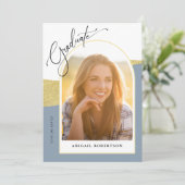 Arched Fotos Dusty Blue & Gold Graduation Party Einladung (Stehend Vorderseite)