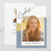 Arched Fotos Dusty Blue & Gold Graduation Party Einladung (Vorne/Hinten)