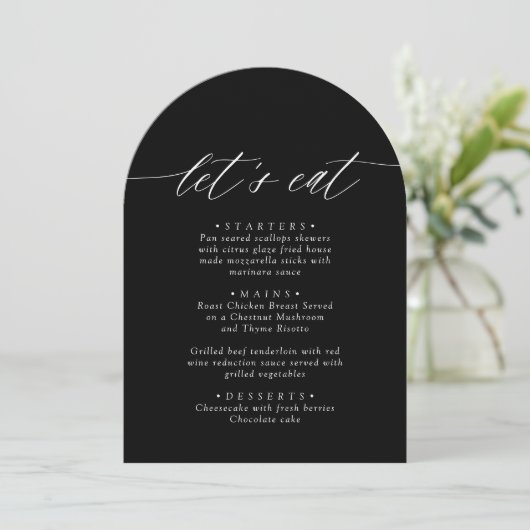 Arched Modern Black & White Let's Eat Menu Card Einladung (Stehend Vorderseite)