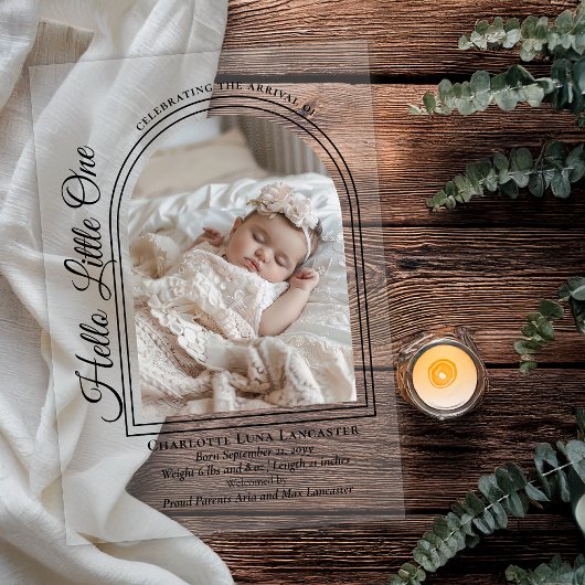 Arched Photo Elegant Script Birth Announcement Acryleinladungen