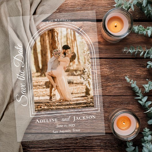Arched Photo Elegant Script Save the Date Acryleinladungen