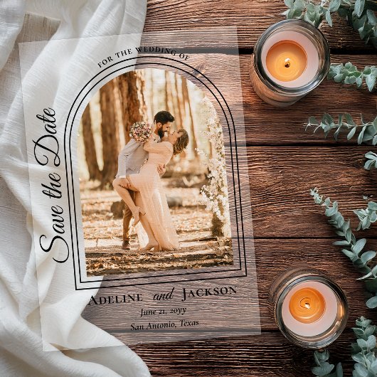 Arched Photo Elegant Script Save the Date Acryleinladungen