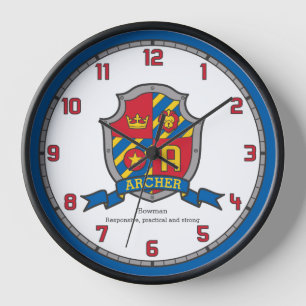 Archer name meaning heraldry shield letter A lion Uhr