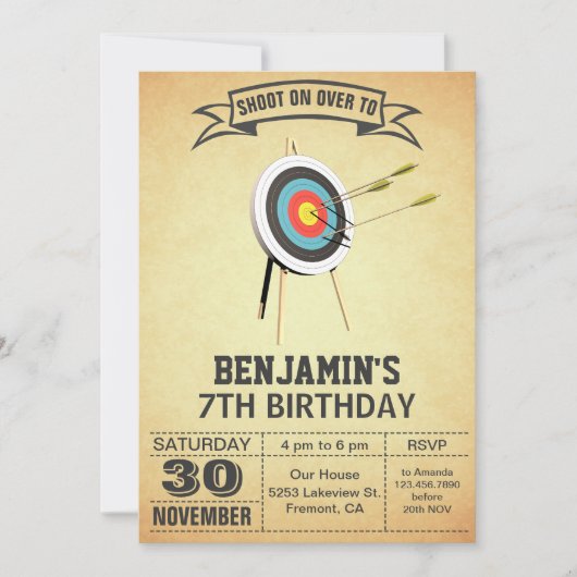 Archery Birthday Party Einladung (Vorderseite)
