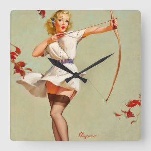 Archery Pin-Up Girl Quadratische Wanduhr