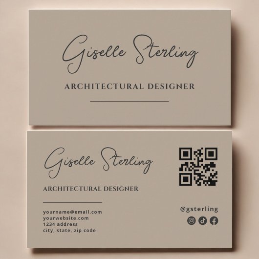 Architectura Designer Neutral Taupe Script QR Code Visitenkarte