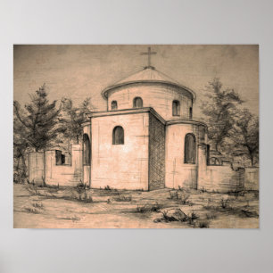 Architektur Alte Orthodoxe Kirche Zeichnung Kunst Poster