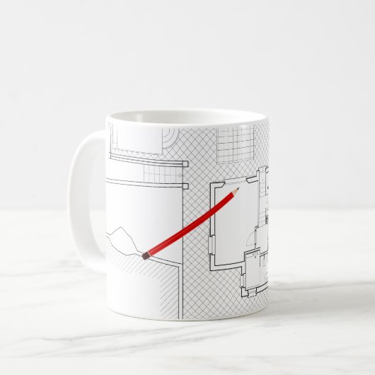 Architekturprojekt, zeichnend, Architekten Kaffeetasse (Vorderseite Links)