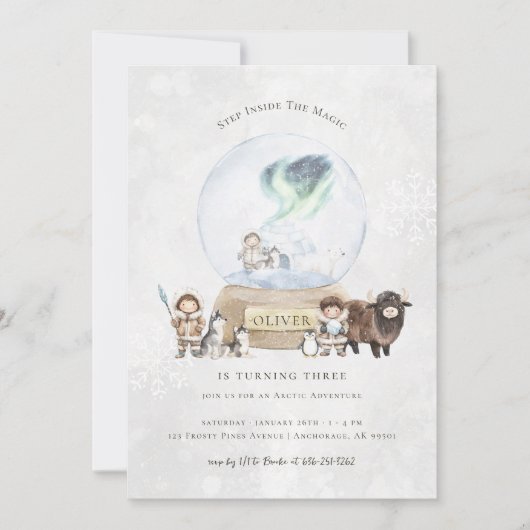Arctic Adventure Snow Globe Geburtstag Einladung (Vorderseite)