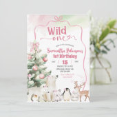 Arctic Animals Coquette Wild One Girl 1st Birthday Einladung (Stehend Vorderseite)