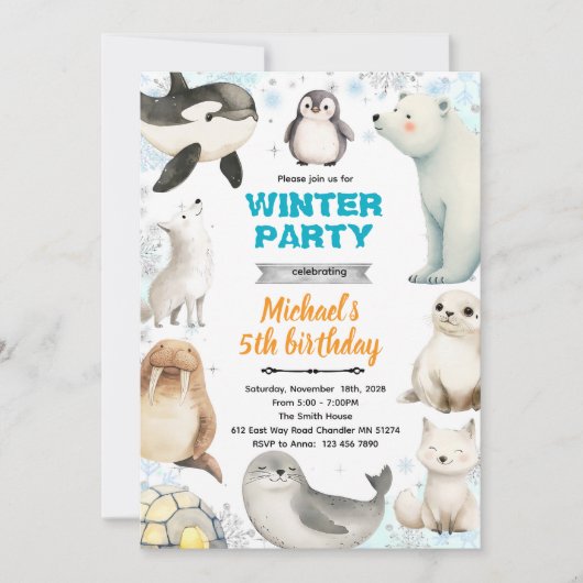 Arctic Animals theme invite Einladung (Vorderseite)