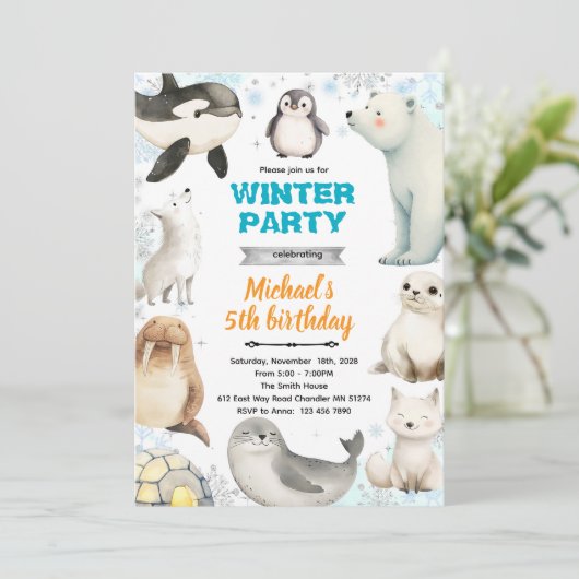 Arctic Animals theme invite Einladung (Stehend Vorderseite)