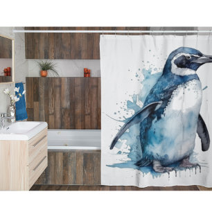 Arctic Azure Watercolor Pinguin Duschvorhang