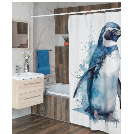 Arctic Azure Watercolor Pinguin Duschvorhang