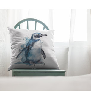 Arctic Azure Watercolor Pinguin Kissen