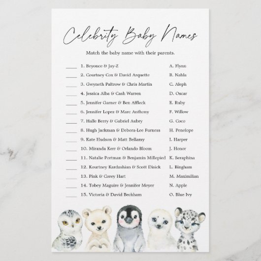 Arctic Baby Shower Celebrity Baby Names Game (Vorderseite)