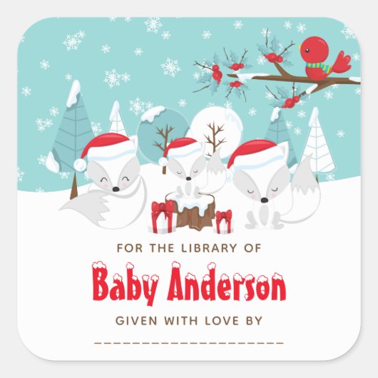 Arctic Fox Christmas Wonderland Buchzeichen Quadratischer Aufkleber (Vorderseite)