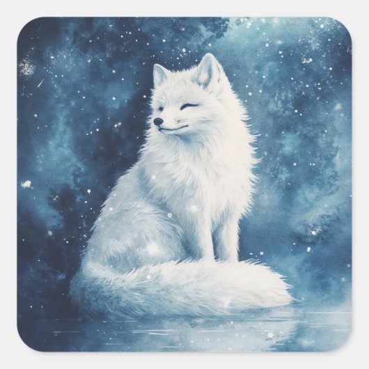 Arctic Fox Sitting on Ice with Blue Galaxy Nebula Quadratischer Aufkleber (Vorderseite)