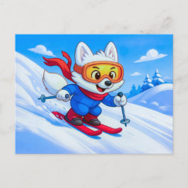 Arctic Fox Skiing Down a Snowy Mountain Postkarte