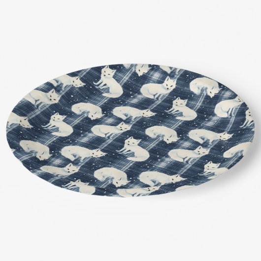 Arctic Fox Winter Christmas Tartan Kariertes Muste Pappteller (Schrägansicht)