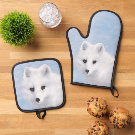 Arctic Fox Winter Malerei Original Wildlife Art Ofenhandschuh & Topflappen-Set (Oben Unten)