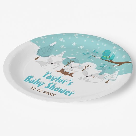 Arctic Fox Winter Wonderland Baby Dusche Pappteller (Schrägansicht)
