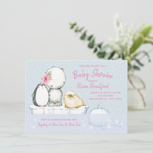 Arctic Friends Winter Baby Shower Einladungen (Stehend Vorderseite)