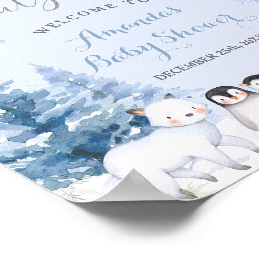 ARCTIC TIERE Schneeflocken Bäume Babydusche Willko Poster (Ecke)