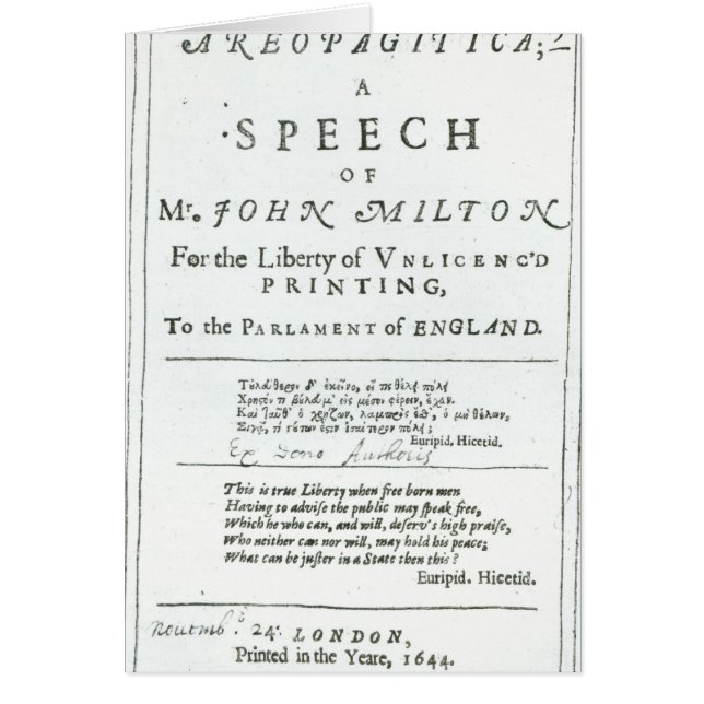 Areopagitica eine Rede von John Milton (Vorne)
