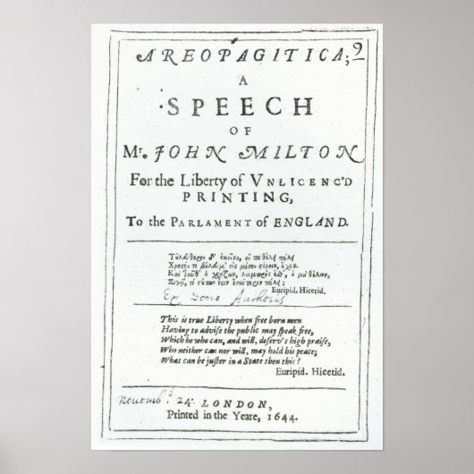 Areopagitica' eine Rede von John Milton Poster (Vorne)
