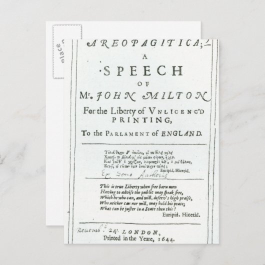 Areopagitica' eine Rede von John Milton Postkarte (Vorne/Hinten)