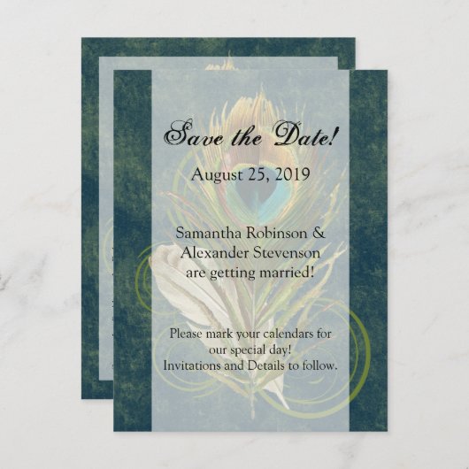 Arful Detail Peacock Feather Save the Date Ankündigungspostkarte (Vorne/Hinten)