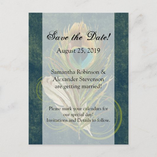 Arful Detail Peacock Feather Save the Date Ankündigungspostkarte (Vorderseite)