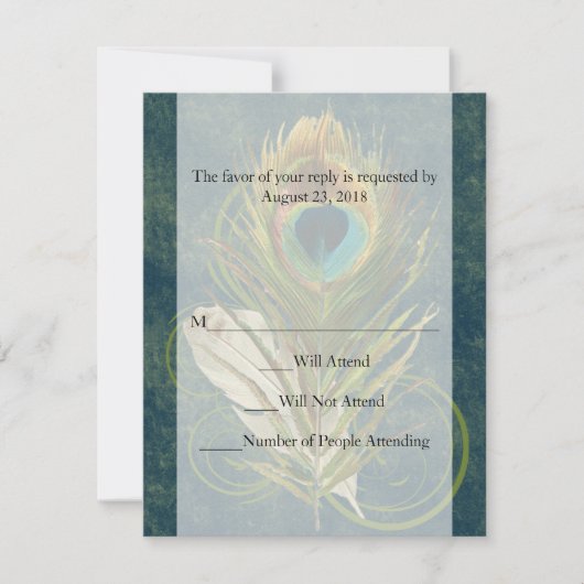 Arful Detail Peacock Feather Wedding RSVP Karte (Vorderseite)
