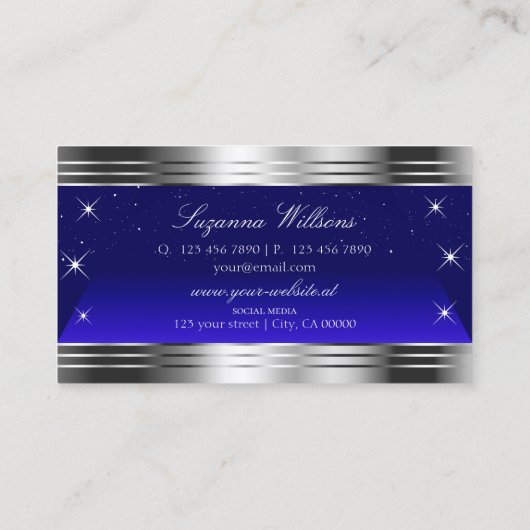 Arful Night Sky Blue Silver Borders with Monogram Visitenkarte (Rückseite)
