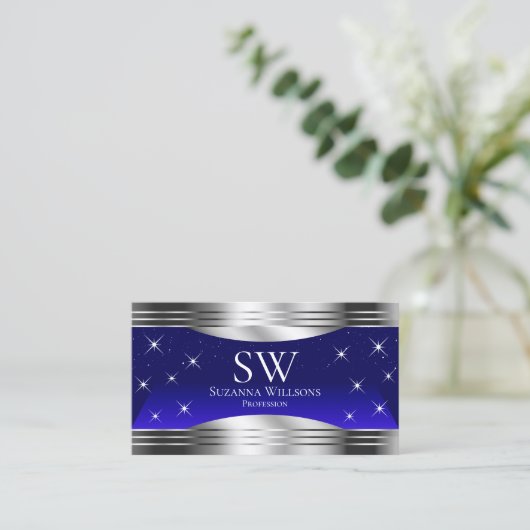 Arful Night Sky Blue Silver Borders with Monogram Visitenkarte (Stehend Vorderseite)