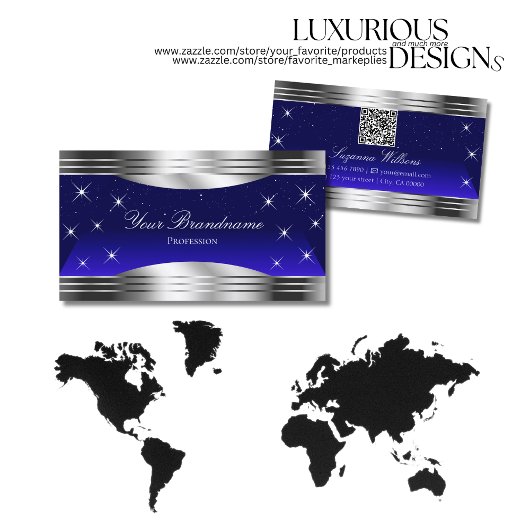 Arful Night Sky Blue Silver Borders with QR Code Visitenkarte