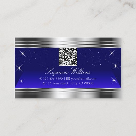 Arful Night Sky Blue Silver Borders with QR Code Visitenkarte (Rückseite)