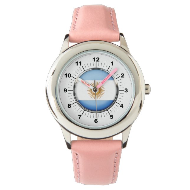 Argentinische Flagge des Kid-Käfers Rosa Lederripp Armbanduhr (Vorderseite)
