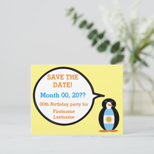 Argentinische Flagge Frau Penguin Save the Date Ankündigungspostkarte (Stehend Vorderseite)
