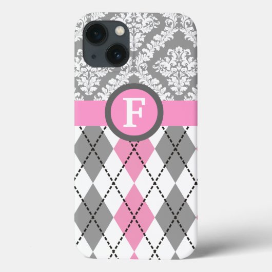 Argyle and damask pattern pink, grey monogram Case-Mate iPhone hülle (Rückseite)