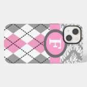 Argyle and damask pattern pink, grey monogram iPhone hülle (Rückseite (Horizontal))
