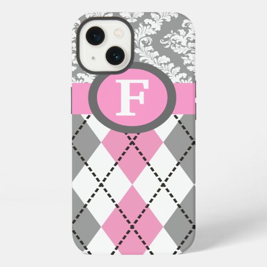 Argyle and damask pattern pink, grey monogram iPhone hülle (Rückseite)