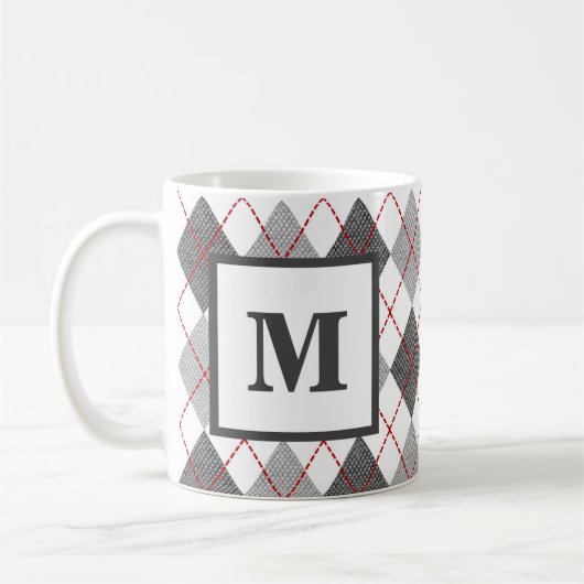 Argyle-Kariert Rot Grau Silber Monogramm Kaffeetasse (Links)