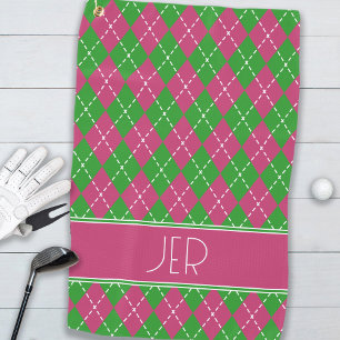 Argyle-Karo Rosa Grün Benutzerdefiniertes Monogram Golfhandtuch