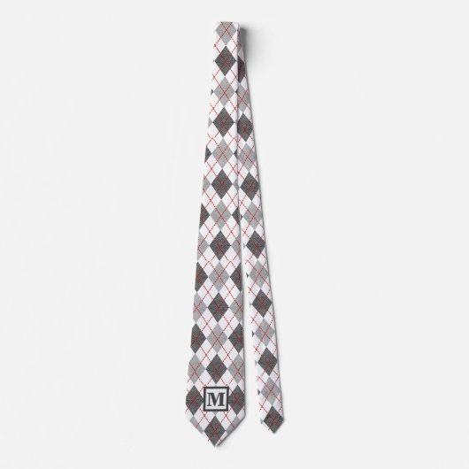 Argyle Karo Rot Grau Silber Individuelles Monogram Krawatte (Vorderseite)