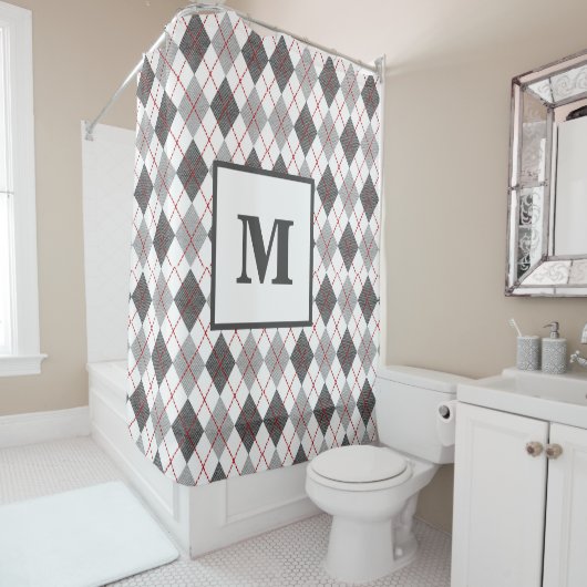 Argyle Karo Rot Grau Silber Monogramm Duschvorhang (Beispiel)