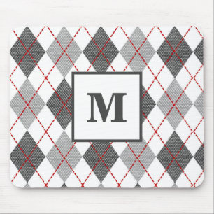 Argyle-Karomuster Rot Grau Silber Monogramm Mousepad