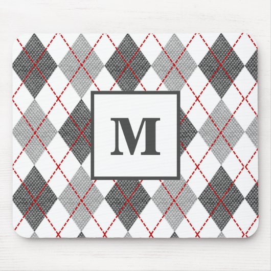 Argyle-Karomuster Rot Grau Silber Monogramm Mousepad (Vorne)
