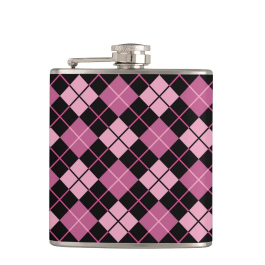 Argyle-Muster in Schwarz und Rosa Flachmann (Vorderseite)